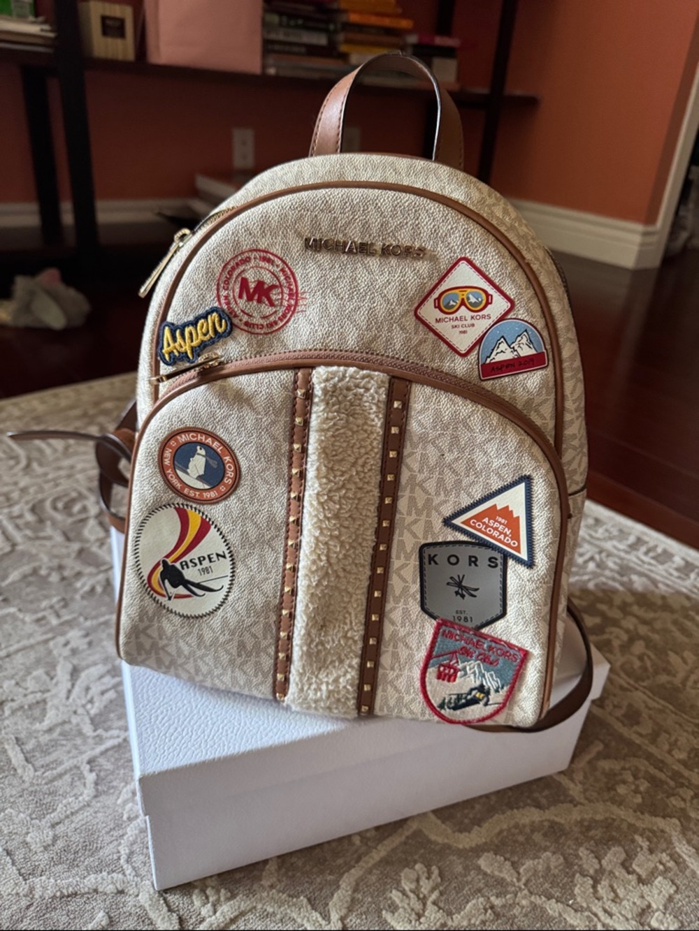 Michael Kors Beige Logo Patch Backpack with Tan Trim
